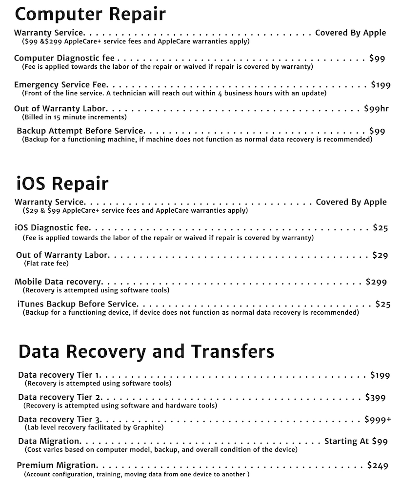 Service Pricing Chart showing current service rates